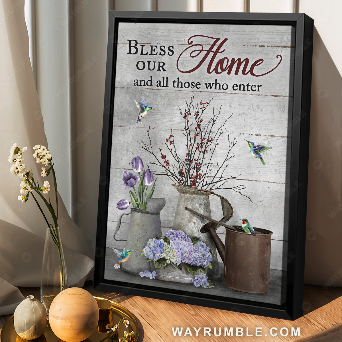 Cranberry, Purple hydrangea, Purple tulip, Bless our home - Jesus Portrait Canvas Prints, Christian Wall Art