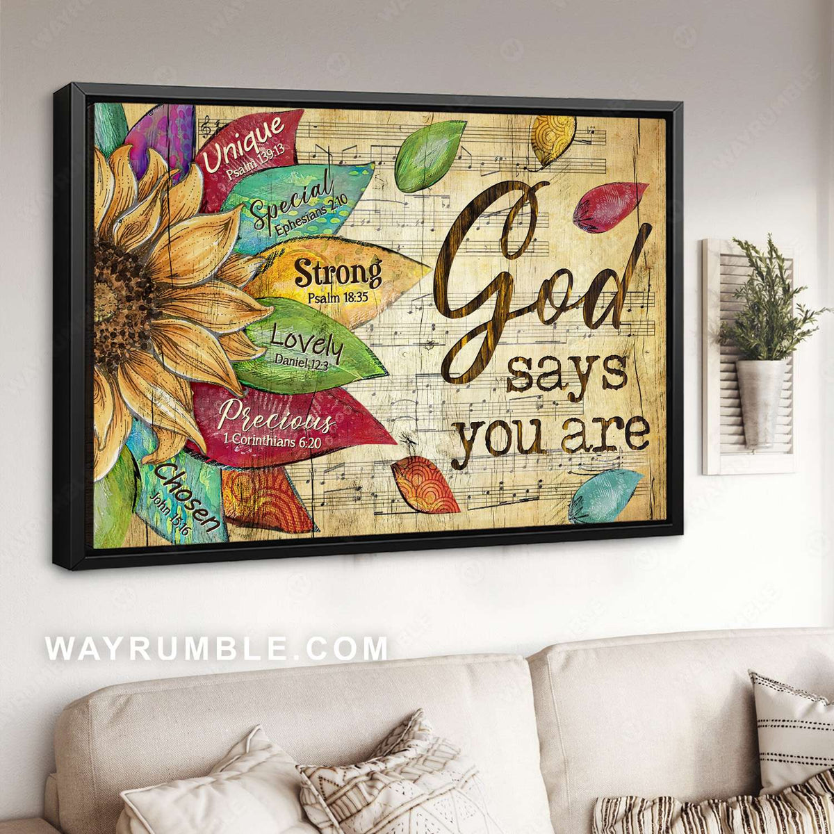 Sunflower drawing, Flower petals, Music sheet, God says you are unique - Jesus Landscape Canvas Prints, Christian Wall Art