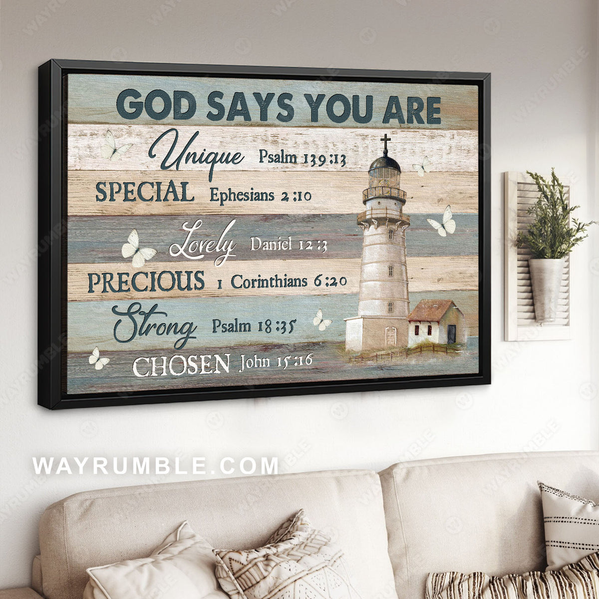 Light house. Flying butterfly, Wood plank texture, God says you are unique - Jesus Landscape Canvas Prints, Christian Wall Art