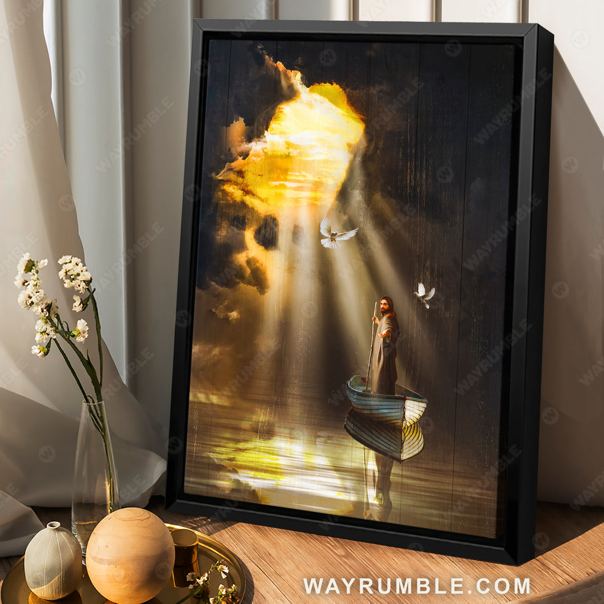Jesus Christ, Jesus boat, Dove symbol, Holy Spirit, Light from heaven - Jesus Portrait Canvas Prints, Christian Wall Art