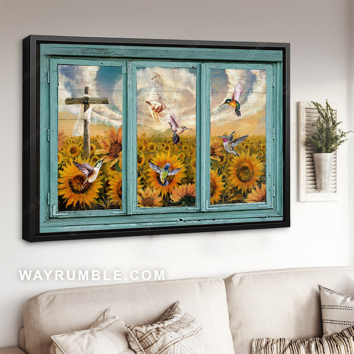 Sunflower field, God in heaven, Colorful hummingbirds - Jesus Landscape Canvas Prints, Christian Wall Art