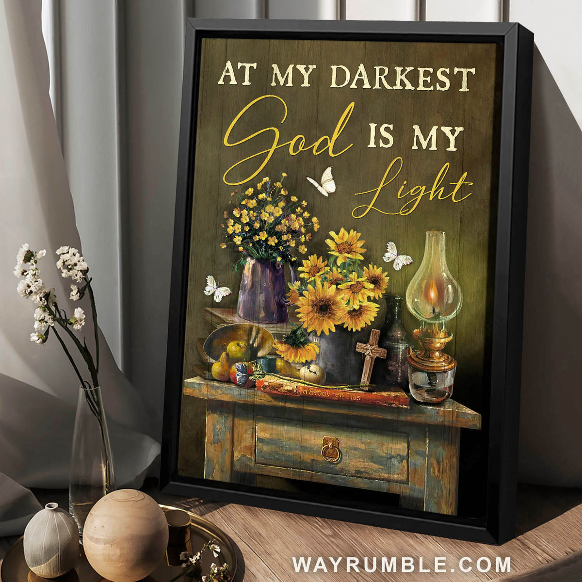 Sunflower vase, Oil lamp, Kitchen painting, At my darkest, God is my light - Jesus Portrait Canvas Prints, Christian Wall Art