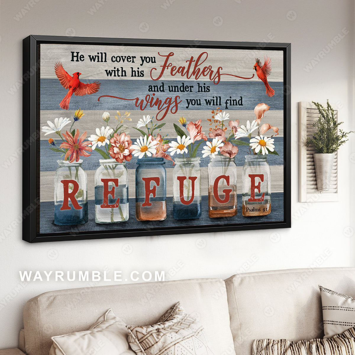 Elegant flowers, Glass bottle, Northern cardinal, He will cover you - Jesus Landscape Canvas Prints, Christian Wall Art