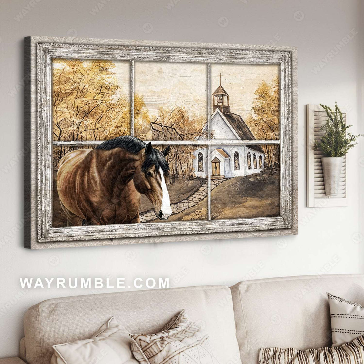Small church, Horse drawing, Autumn forest, Window frame, A beautiful day - Jesus Landscape Canvas Prints, Christian Wall Art