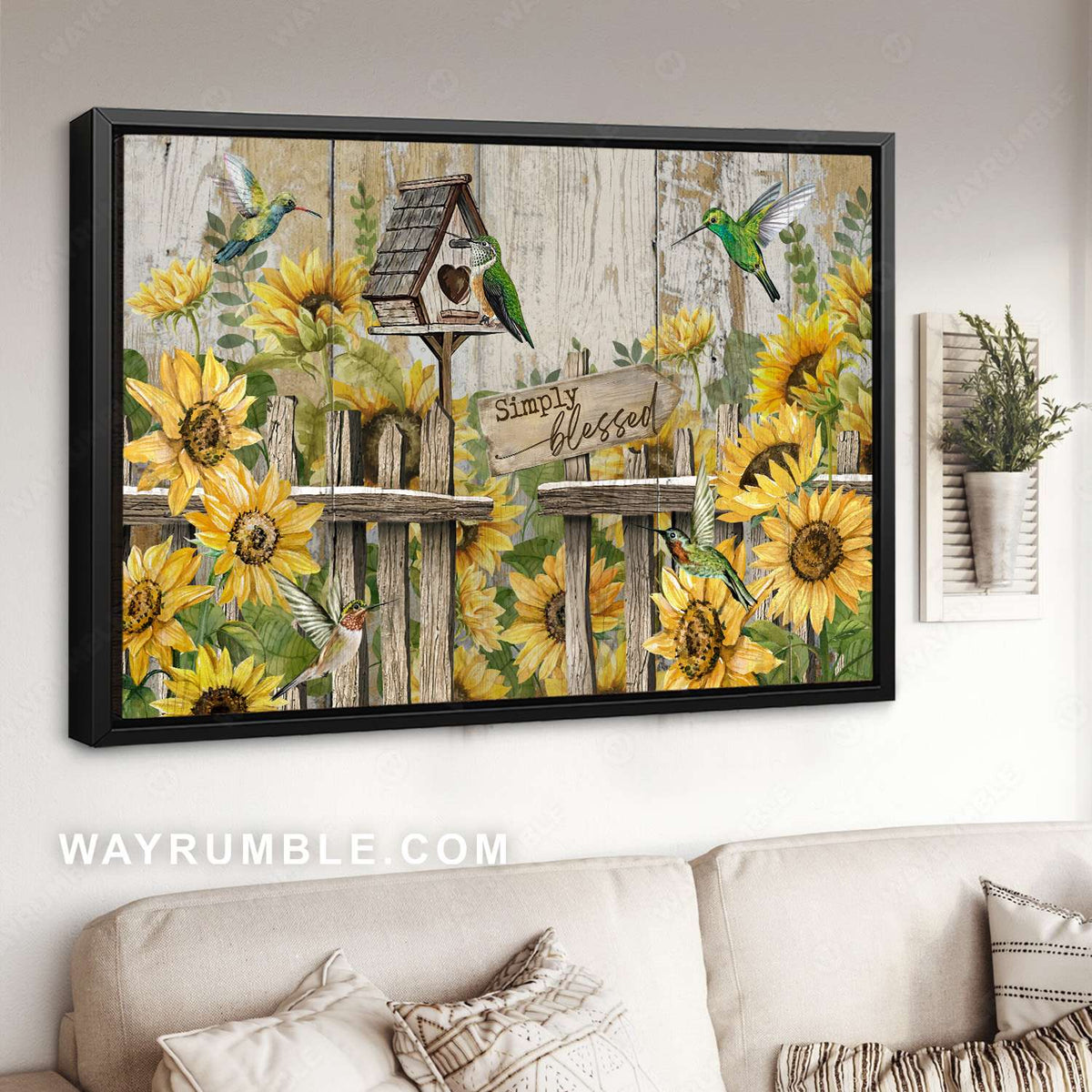 Sunflower garden, Green hummingbird, Bird house, Simply blessed - Jesus Landscape Canvas Prints, Christian Wall Art
