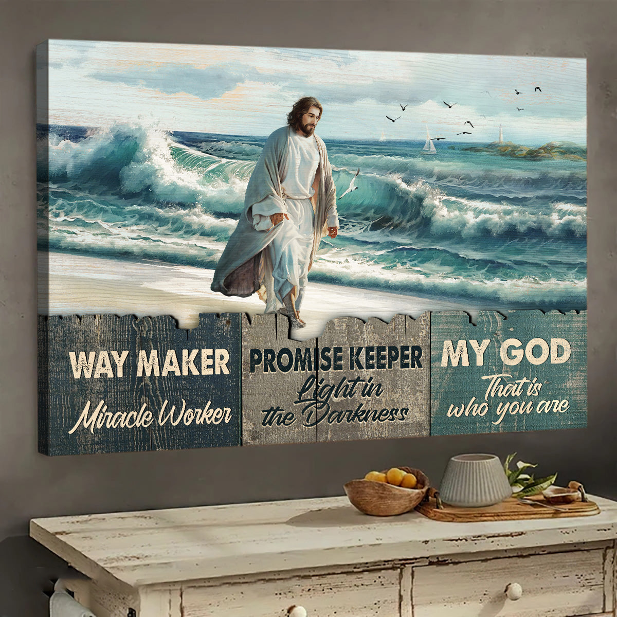 Jesus Christ, Beach painting, Walking with Jesus, Way maker, Miracle worker - Jesus Landscape Canvas Prints, Christian Wall Art