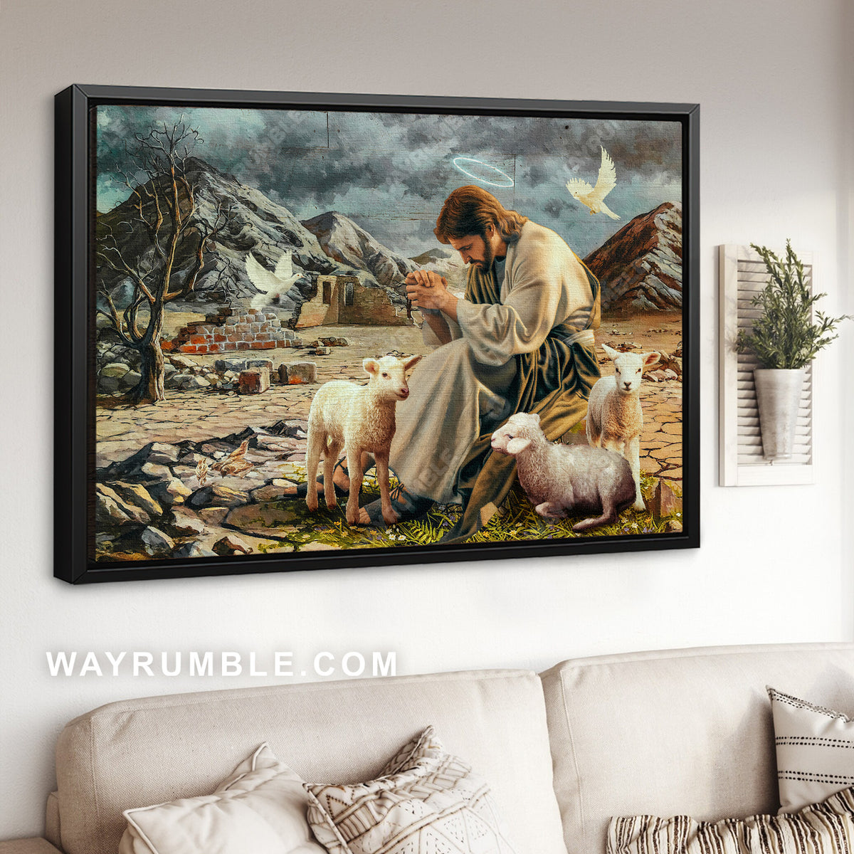 Jesus praying, Lamb of God, Flying dove, Dried desert, Big rock - Jesus Landscape Canvas Prints, Christian Wall Art