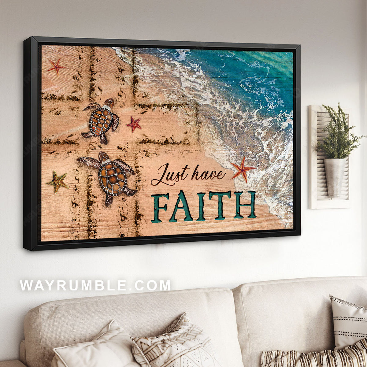 Beach painting, Turtle, Cross symbol, Just have faith - Jesus Landscape Canvas Prints, Christian Wall Art