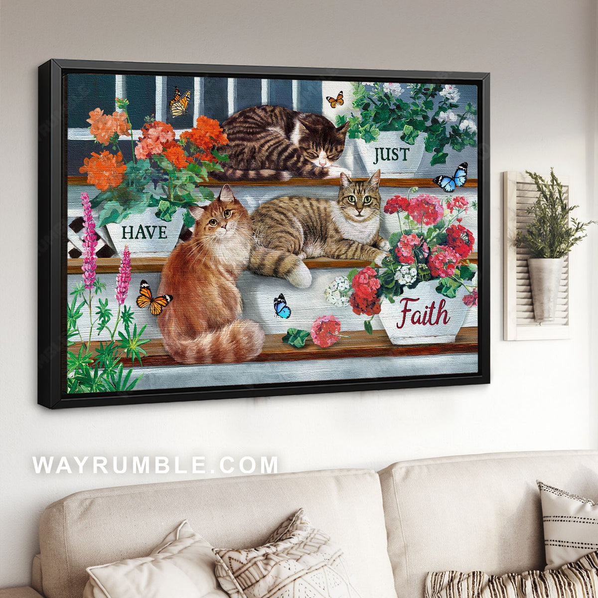 Tabby cats, Red geranium, Outdoor steps, Just have faith - Jesus Landscape Canvas Prints, Christian Wall Art