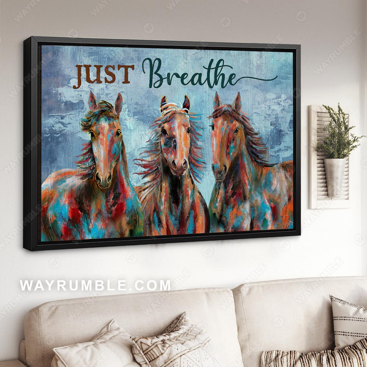 Blue background, Horse drawing, Just breathe - Jesus Landscape Canvas Prints, Wall Art