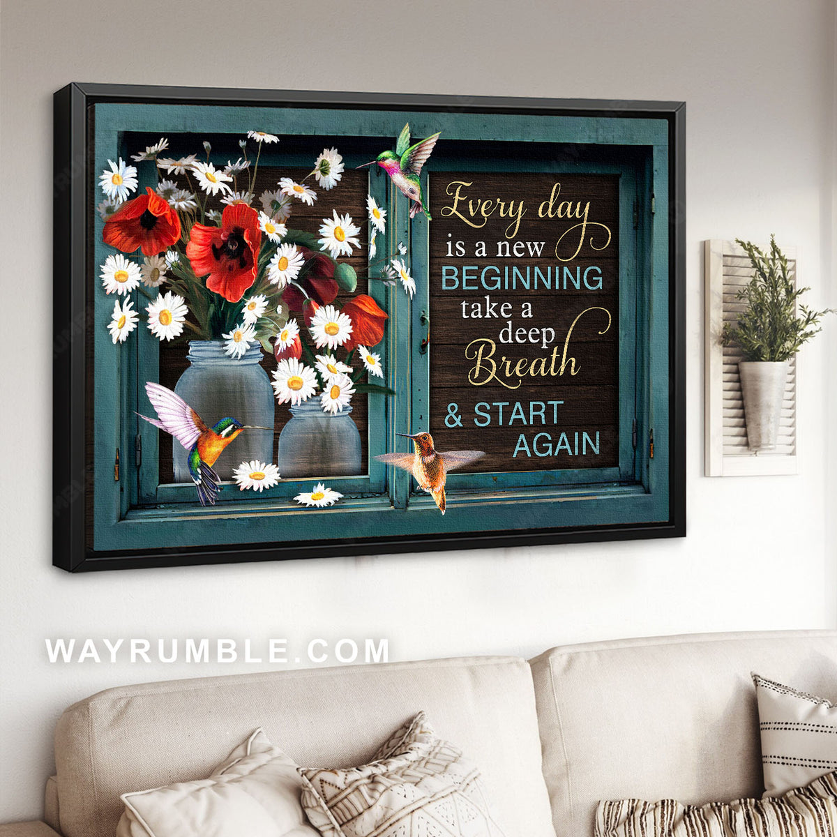 Poppy flower, Daisy flower, Hummingbird, Everyday is a new beginning - Jesus Landscape Canvas Prints, Christian Wall Art