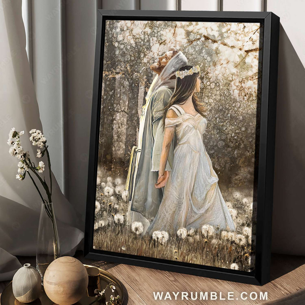 Jesus painting, Beautiful woman, Cotton flowers, Bright day - Jesus Portrait Canvas Prints, Christian Wall Art