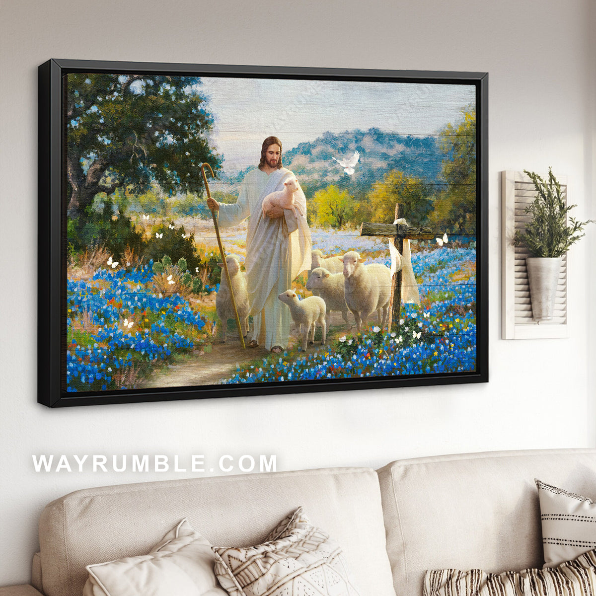 Jesus the good shepherd, Lambs of God, Blue flowers, Easter cross - Jesus Landscape Canvas Prints, Christian Wall Art