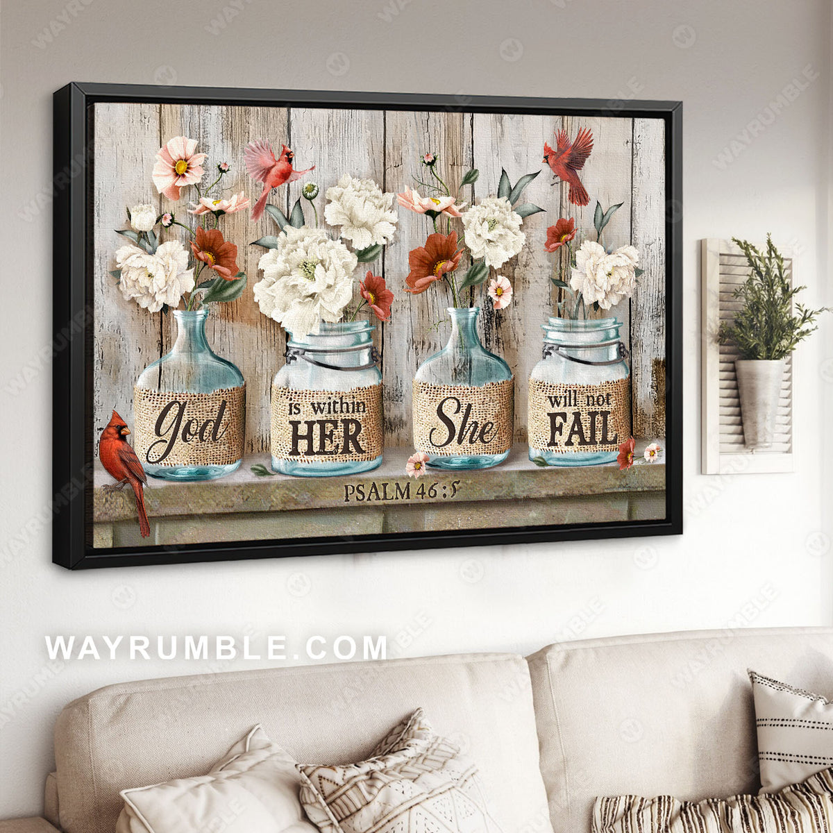 Flower vase, Northern cardinal, God is within her, She will not fail - Jesus Landscape Canvas Prints, Christian Wall Art