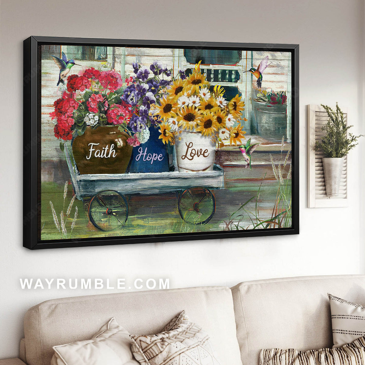Purple pansy, Sunflowers and daisies,, Red hydrangea, Flower vases, Faith hope love - Jesus Landscape Canvas Prints, Christian Wall Art