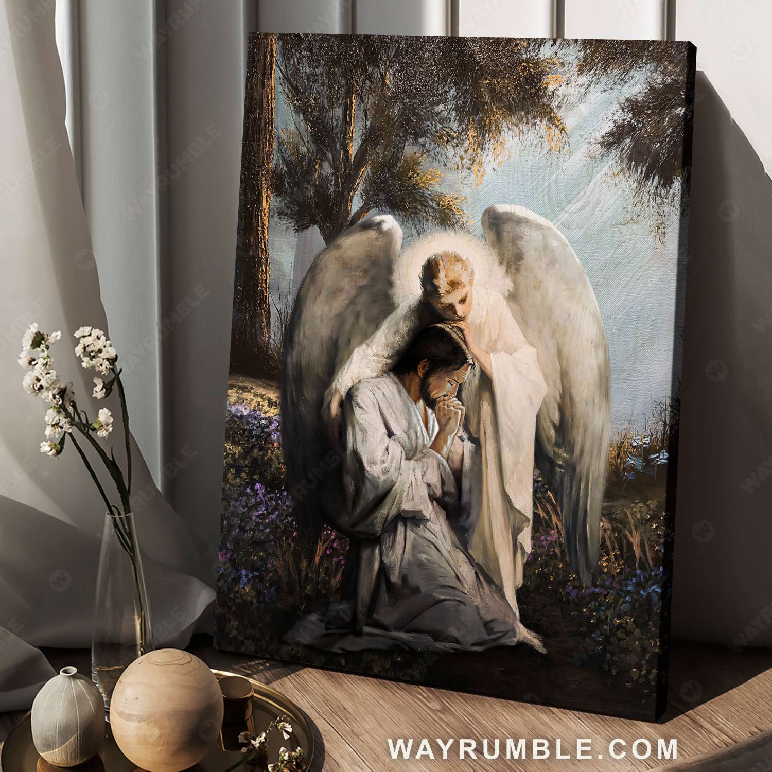 Jesus painting, Forest landscape, Angel painting, Jesus praying with angel - Jesus Portrait Canvas Prints, Christian Wall Art