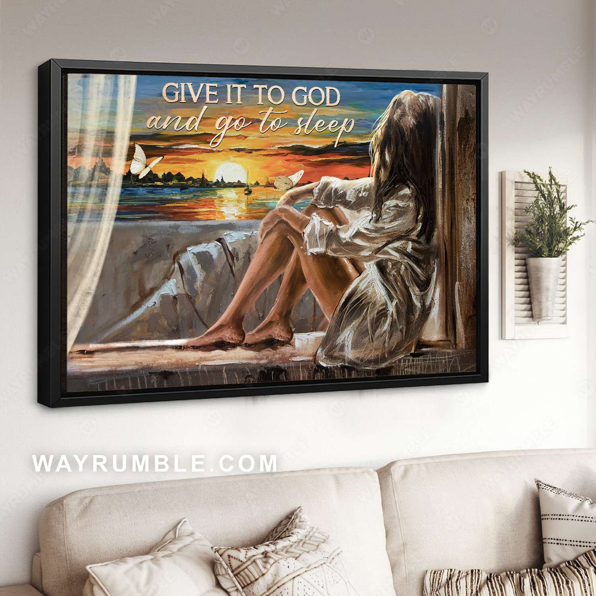 Pretty girl, Sunset sky, Ocean surface, Give it to God - Jesus Landscape Canvas Prints, Christian Wall Art