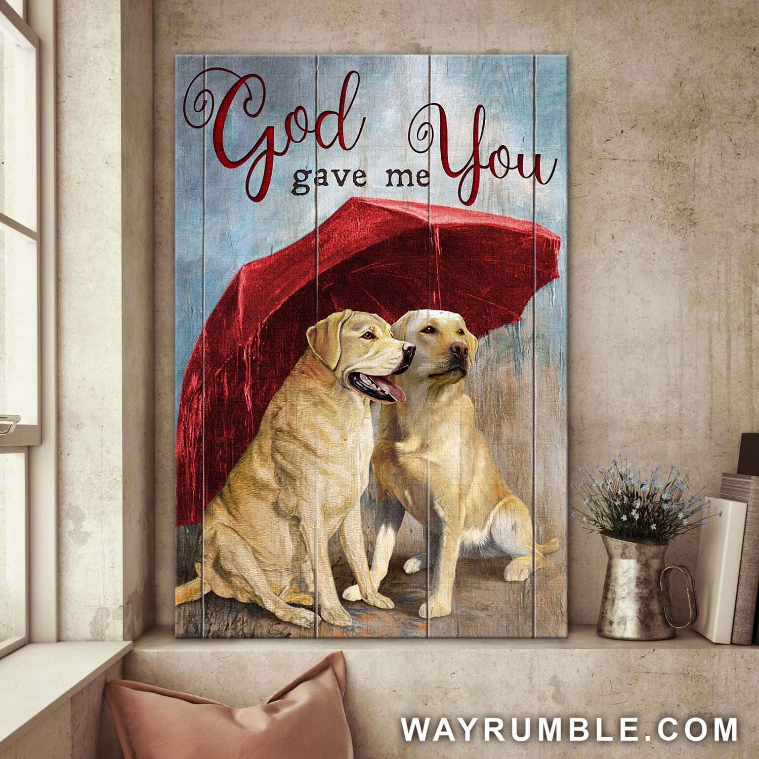 Labradors couple, Under the rain, Umbrella, God gave me you - Jesus Portrait Canvas Prints, Wall Art