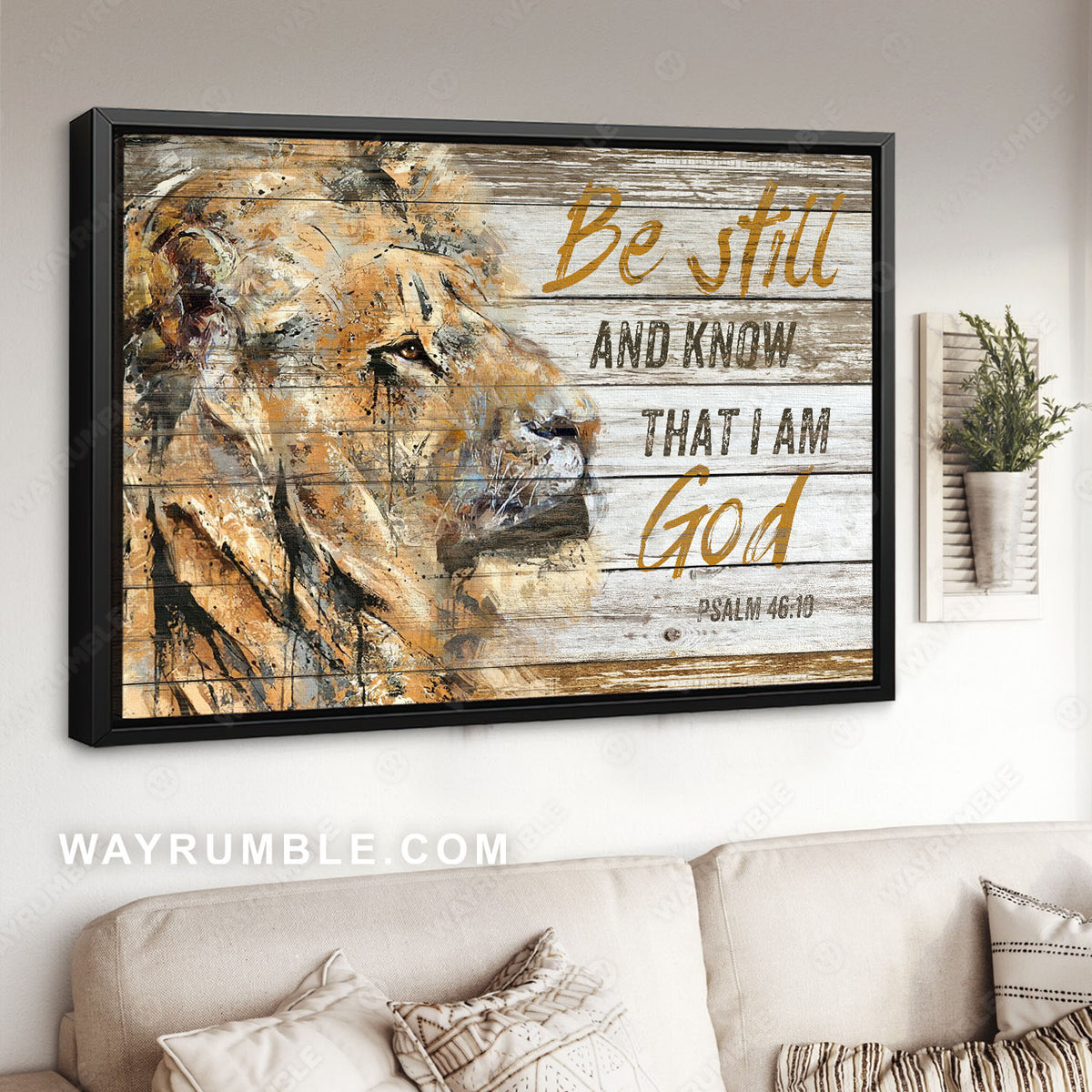 Lion painting, Lion of Judah, Wood background, Be till and know that I am God - Jesus Landscape Canvas Prints, Christian Wall Art
