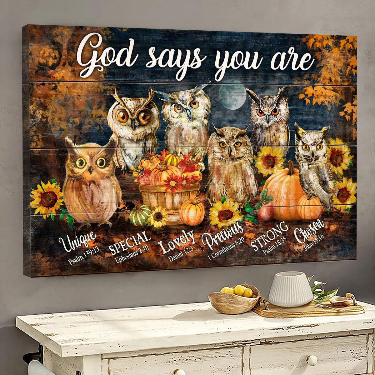 The Owls, Pumpkin, Sunflower, God says you are - Jesus Landscape Canvas Prints, Wall Art