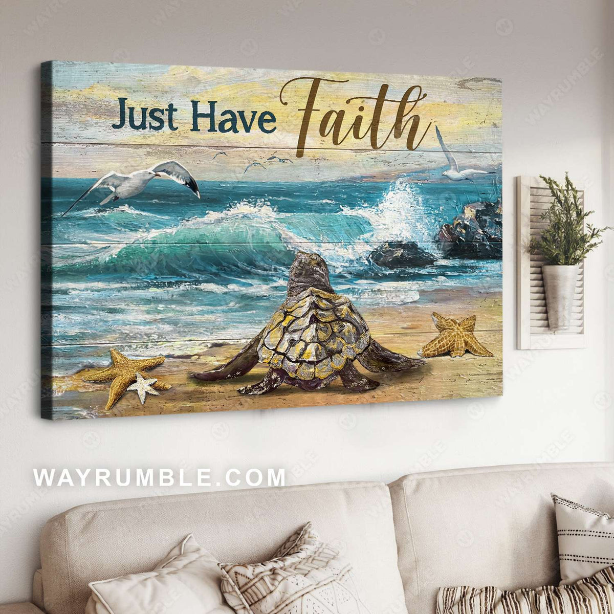 Sea turtle, Starfish, Gull, Blue beach, Just have faith - Jesus Landscape Canvas Prints, Christian Wall Art