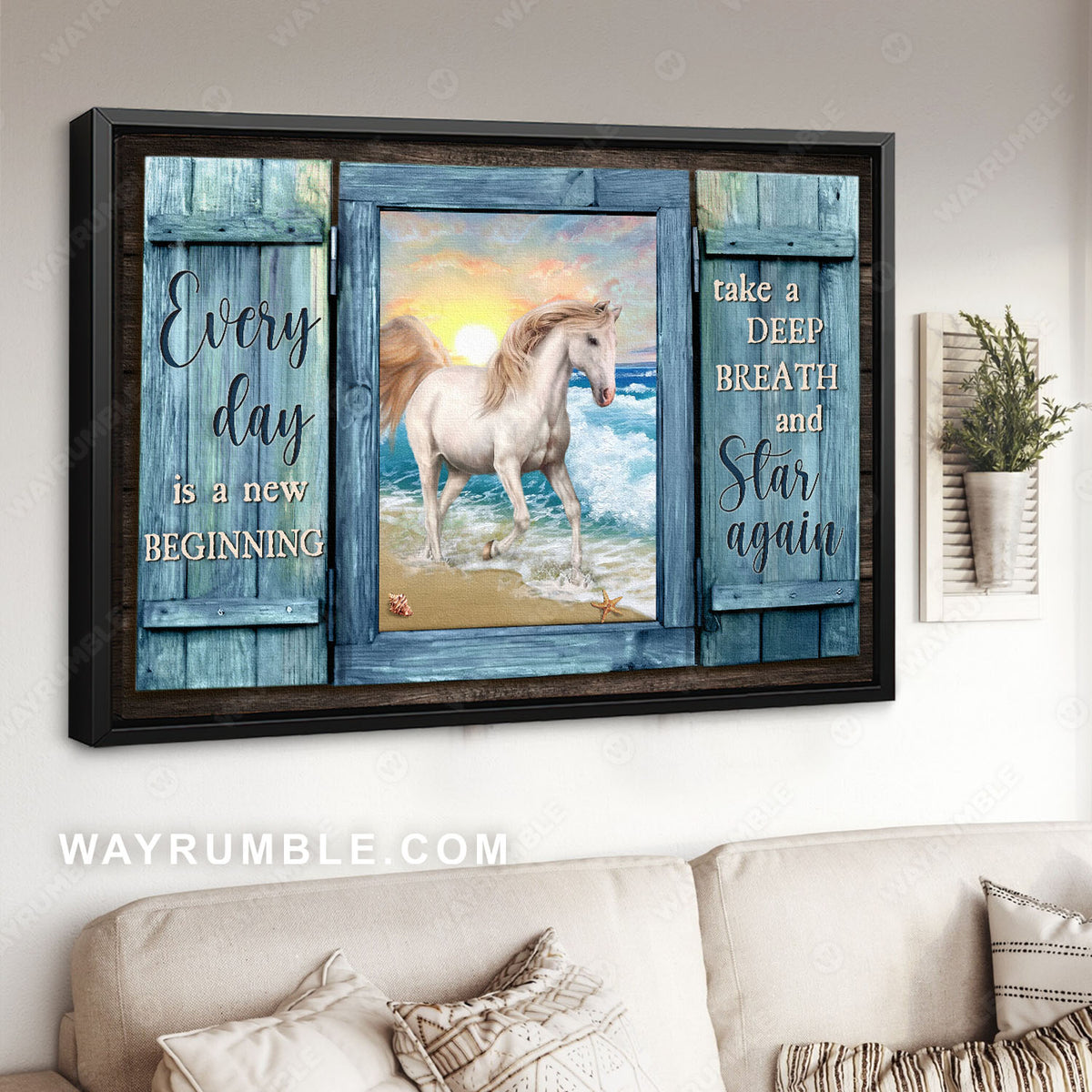 White horse, Sunset beach, Window frame, Everyday is a new beginning - Jesus Landscape Canvas Prints, Christian Wall Art