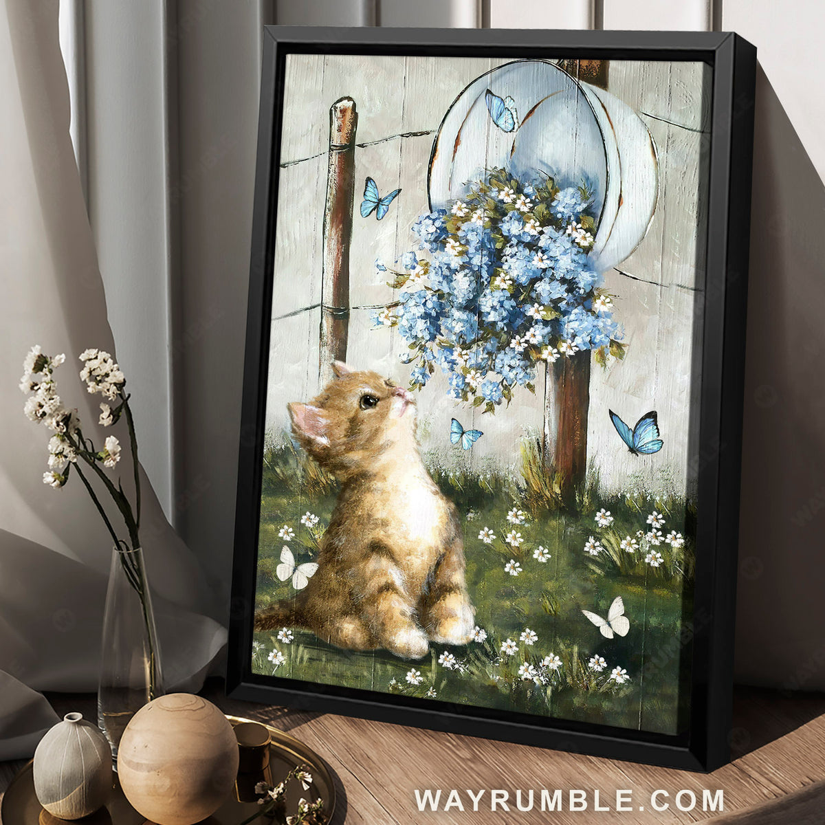 Cute kitten, Blue flower, White daisy, Flying butterflies - Jesus Portrait Canvas Prints, Christian Wall Art