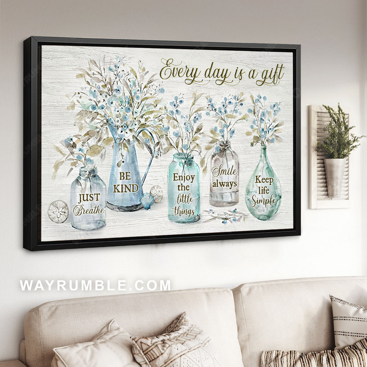 Small blue flowers, Glass jar, Every day is a gift - Jesus Landscape Canvas Prints, Christian Wall Art