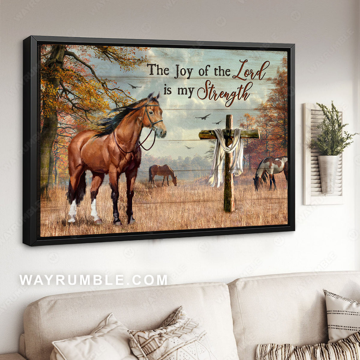 Horses drawing, Wooden cross, Tropical grassland, The joy of the Lord - Jesus Landscape Canvas Prints, Christian Wall Art
