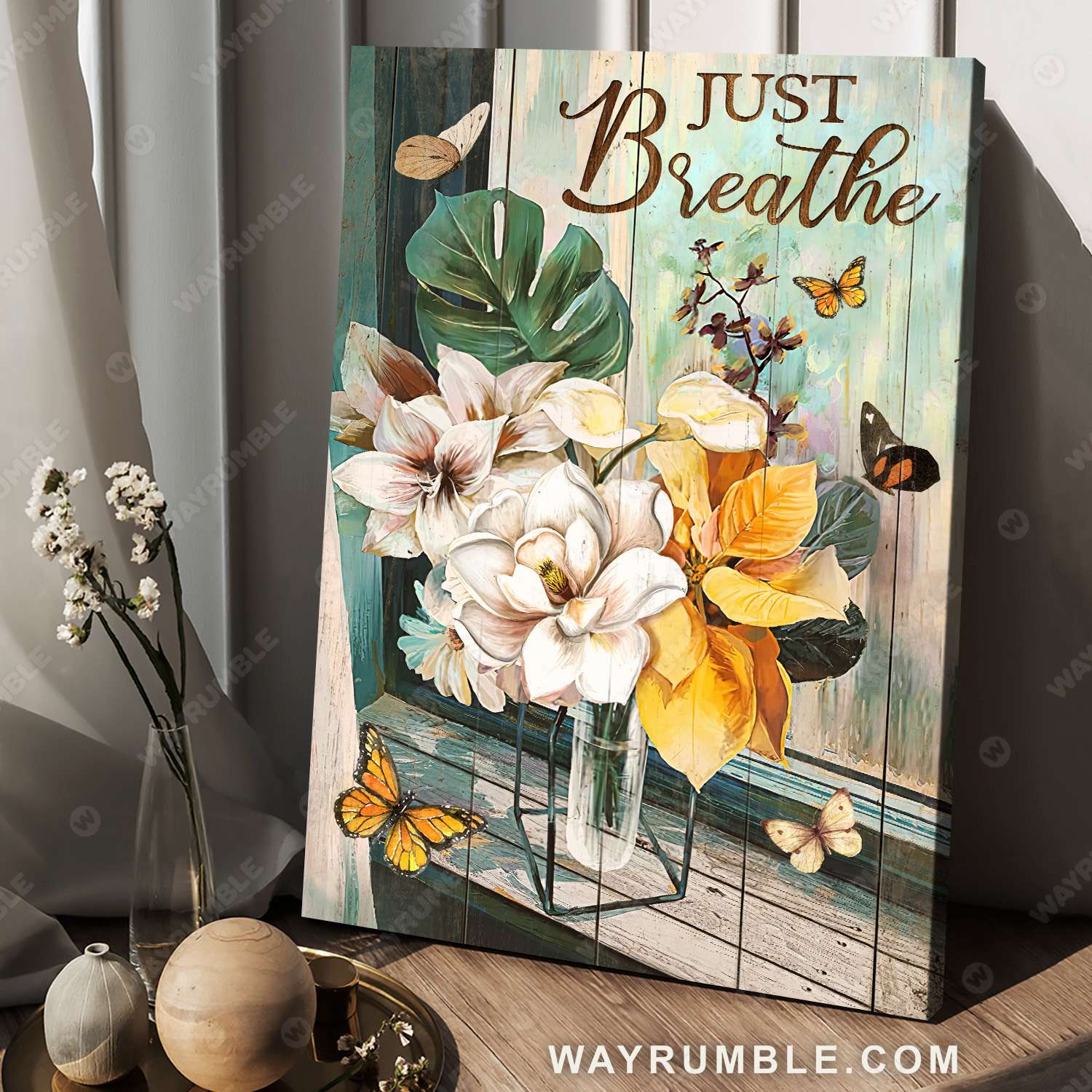 Flower vase by the window, Vintage painting, Still life painting, Just Breathe - Jesus Portrait Canvas Prints, Christian Wall Art