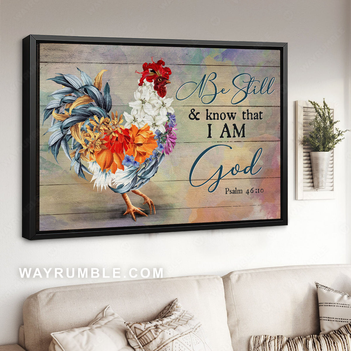 Rooster, Flower art, White lily, Hibiscus flower, Be still I am God - Jesus Landscape Canvas Prints, Christian Wall Art