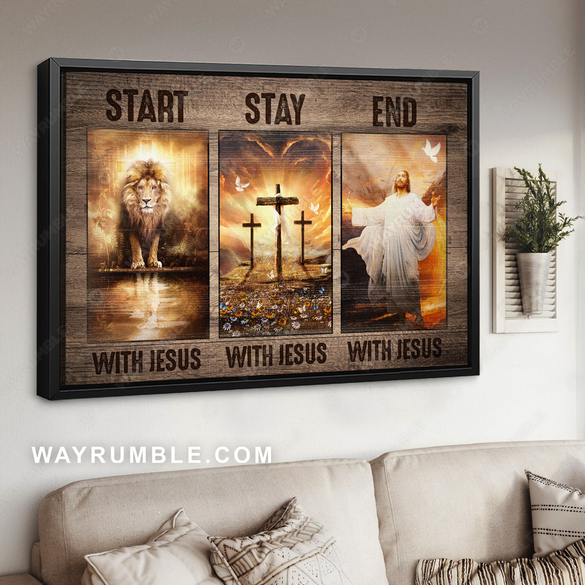 Lion of Jesus, Wooden cross, Jesus calls, Start stay end with Jesus - Jesus Landscape Canvas Prints, Christian Wall Art