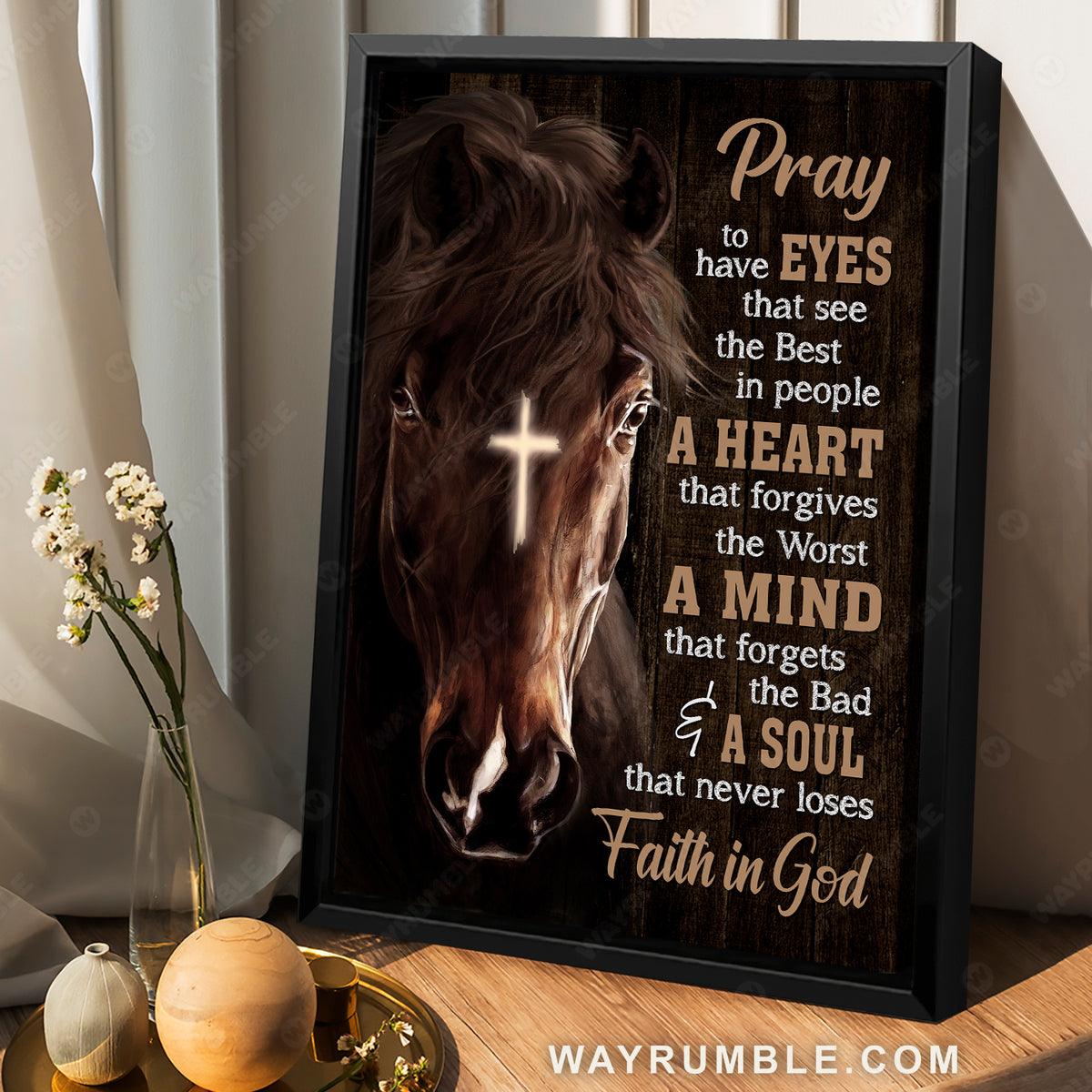 Brown horse, Light cross, Black background, Faith in God - Jesus Portrait Canvas Prints, Christian Wall Art
