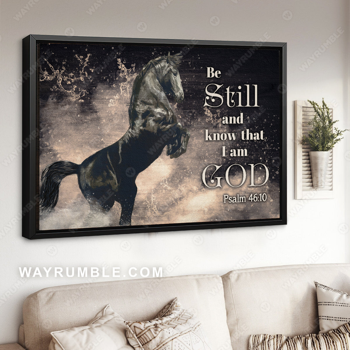 The amazing horse, Black horse painting, Running horse, Be still and know that I am God - Jesus Landscape Canvas Prints, Wall Art