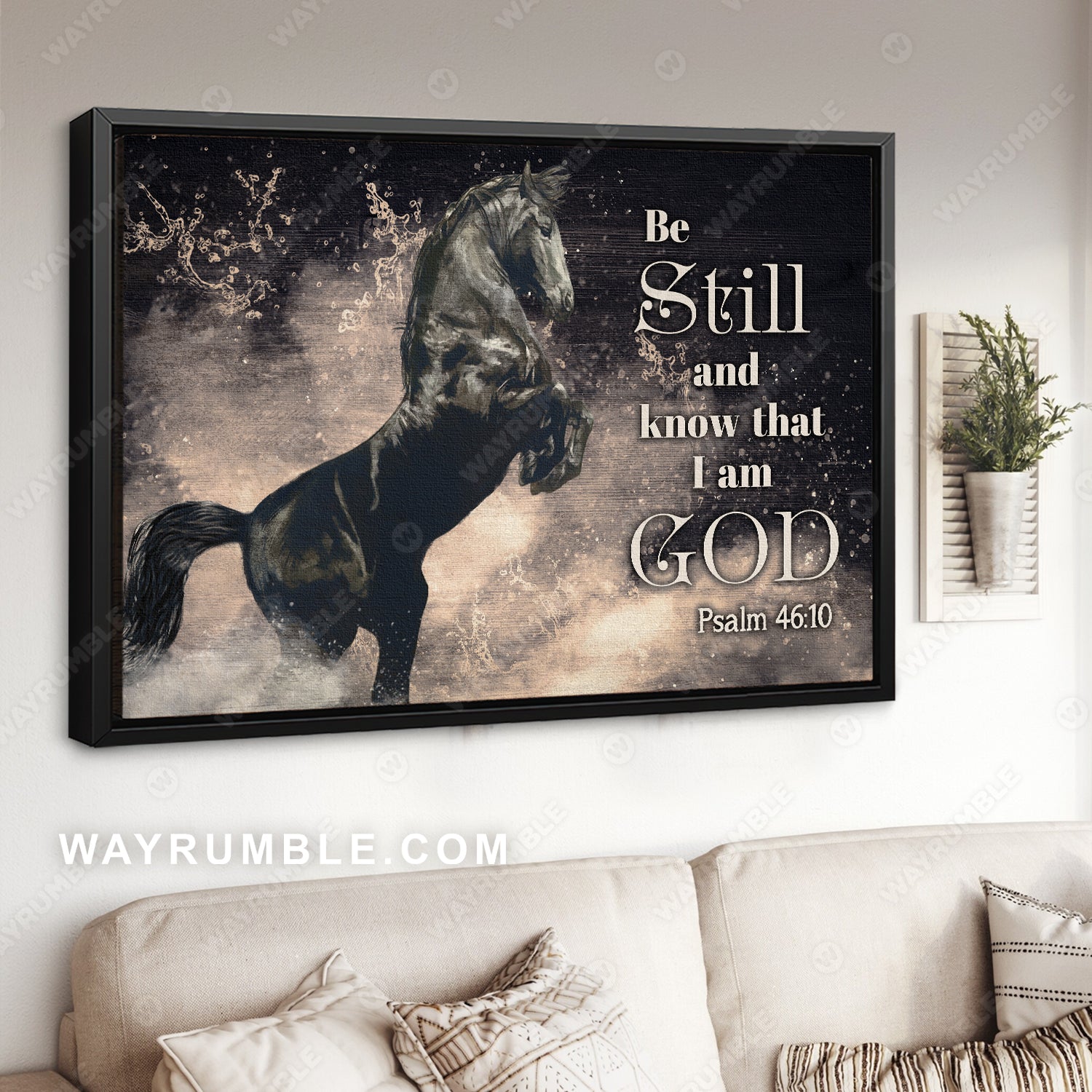 The amazing horse, Black horse painting, Running horse, Be still and know that I am God - Jesus Landscape Canvas Prints, Wall Art