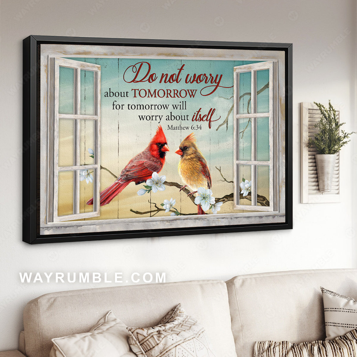 Cardinals drawing, White blossom, Window frame, Do not worry about tomorrow - Jesus Landscape Canvas Prints, Christian Wall Art