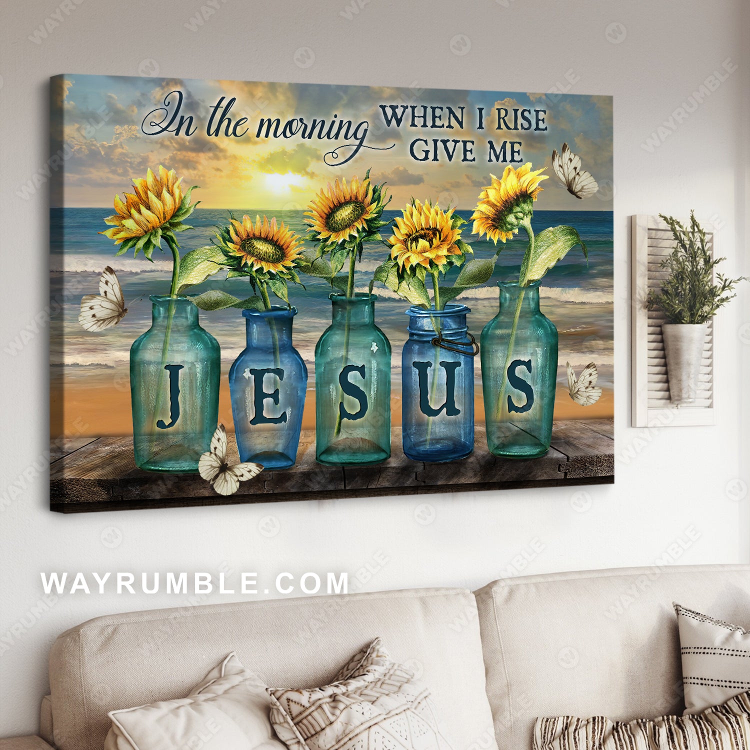 Sunflower, White butterfly, Beach scene, In the morning when I rise give me Jesus - Jesus Landscape Canvas Prints, Christian Wall Art