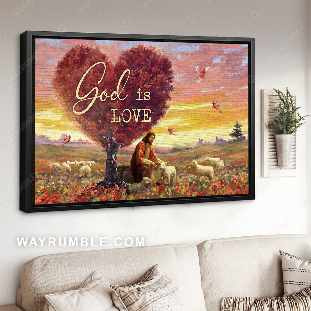 Flower field, Meadow landscape, Jesus and the lamb of God, God is love - Jesus Landscape Canvas Prints, Christian Wall Art