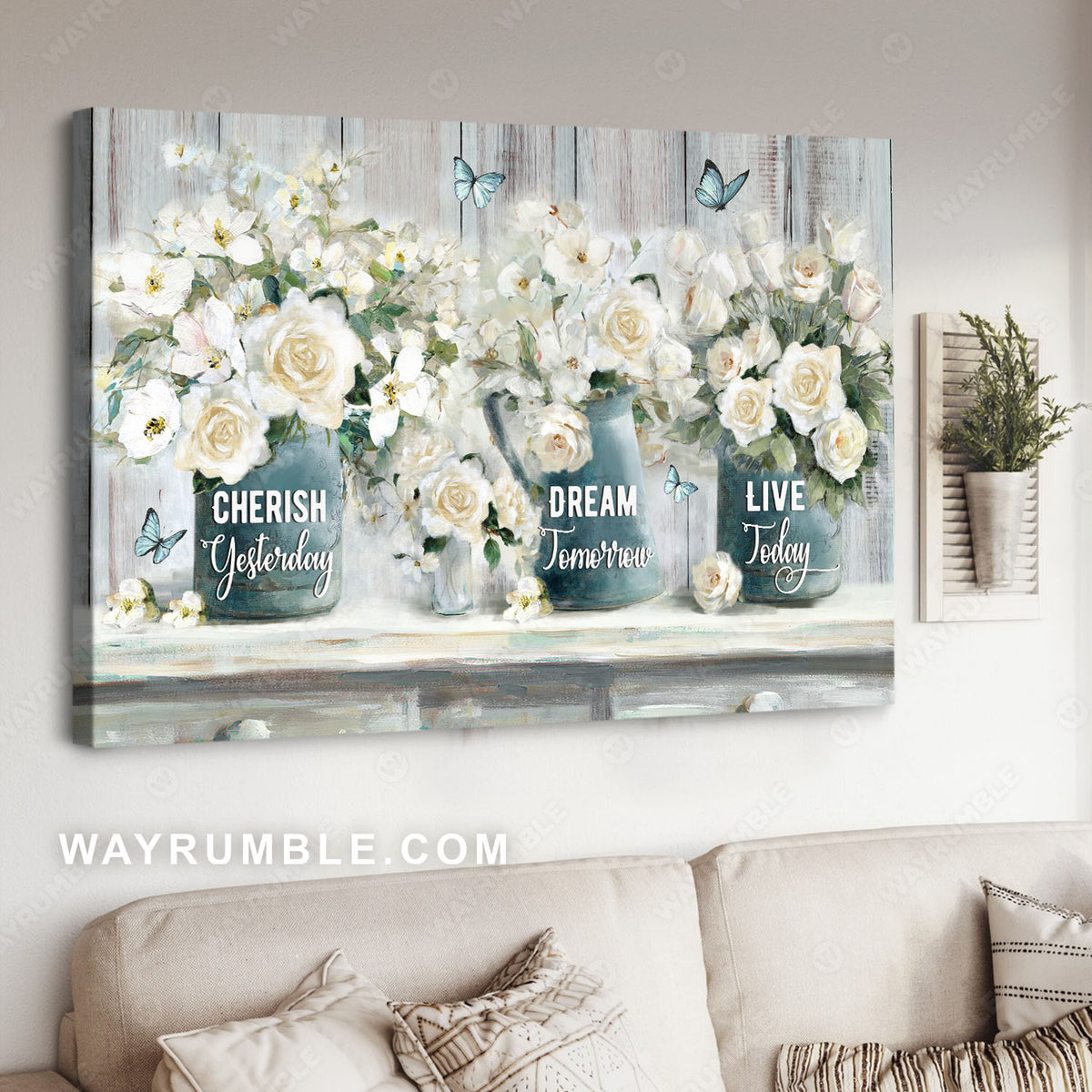 White rose, White poppy, Blue butterfly, Cherish yesterday, Dream tomorrow, Live today - Jesus Landscape Canvas Prints, Christian Wall Art