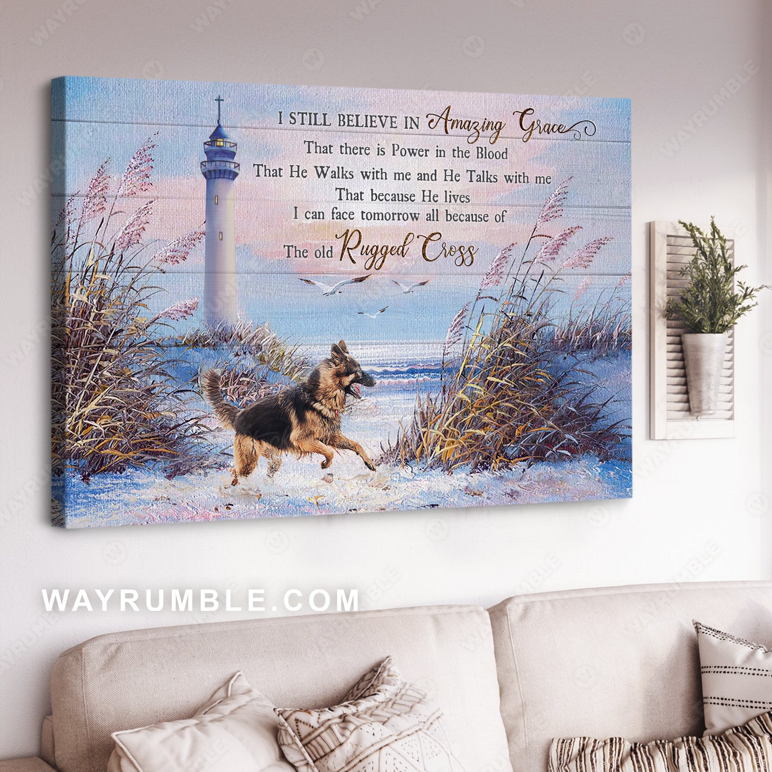 German Shepherd, Light house, Dog friendly beaches, I still believe in amazing grace - Jesus Landscape Canvas Prints, Christian Wall Art