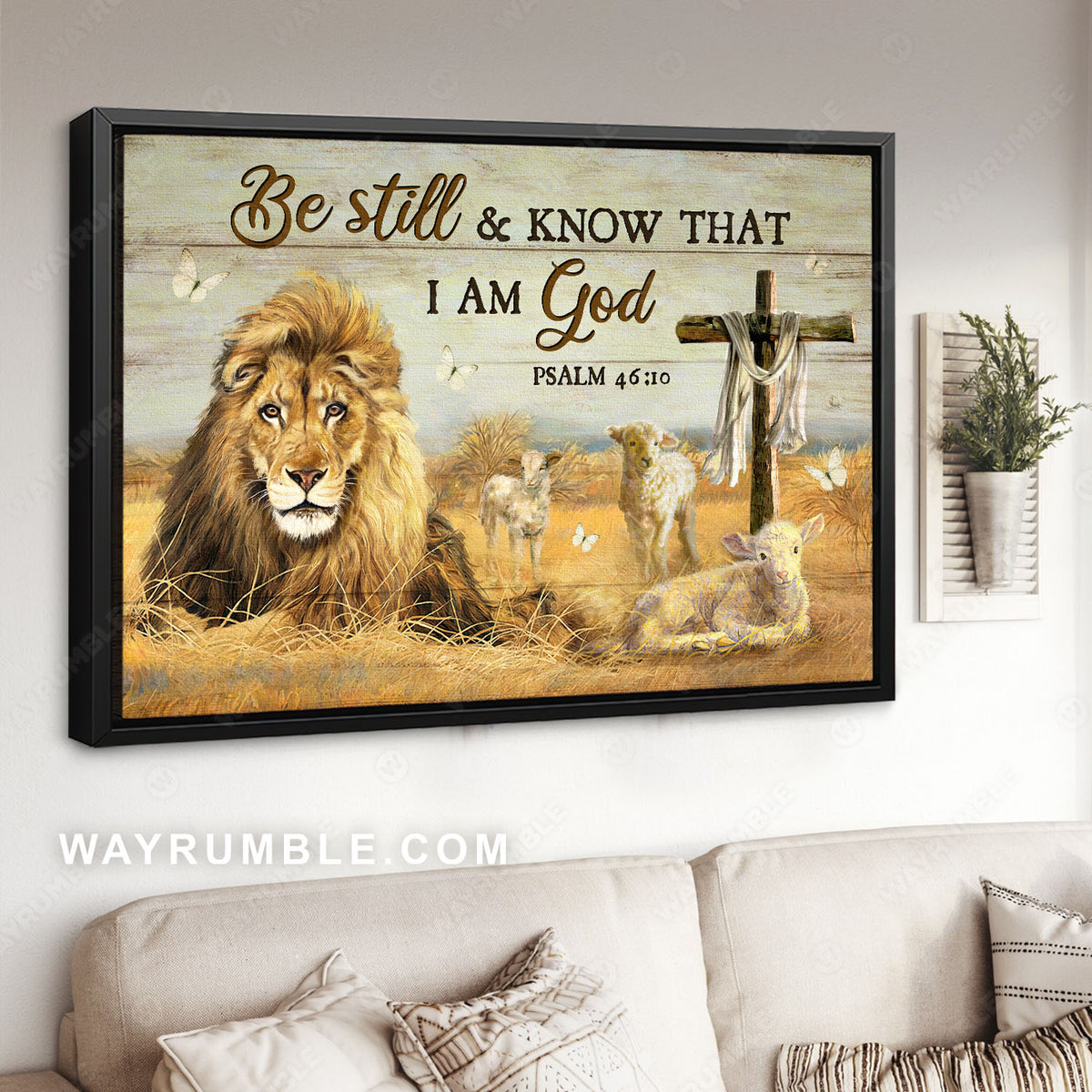 Lion of Judah, Lamb Jesus, Wooden cross, Be still I am God - Jesus Landscape Canvas Prints, Christian Wall Art