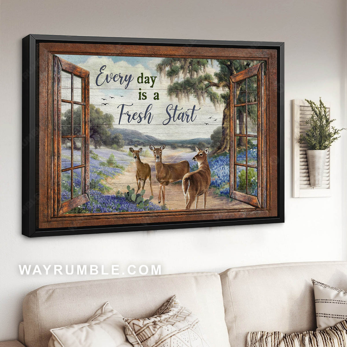 Deer drawing, Grape hyacinth, Window frame, Every day is a fresh start - Jesus Landscape Canvas Prints, Christian Wall Art