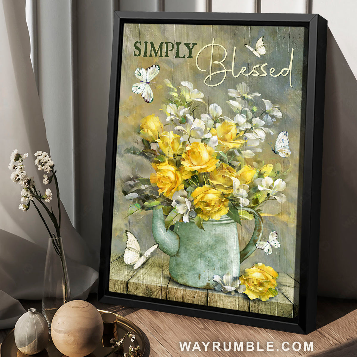 Yellow roses, White jasmine, Water pot, Simply blessed - Jesus Portrait Canvas Prints, Christian Wall Art