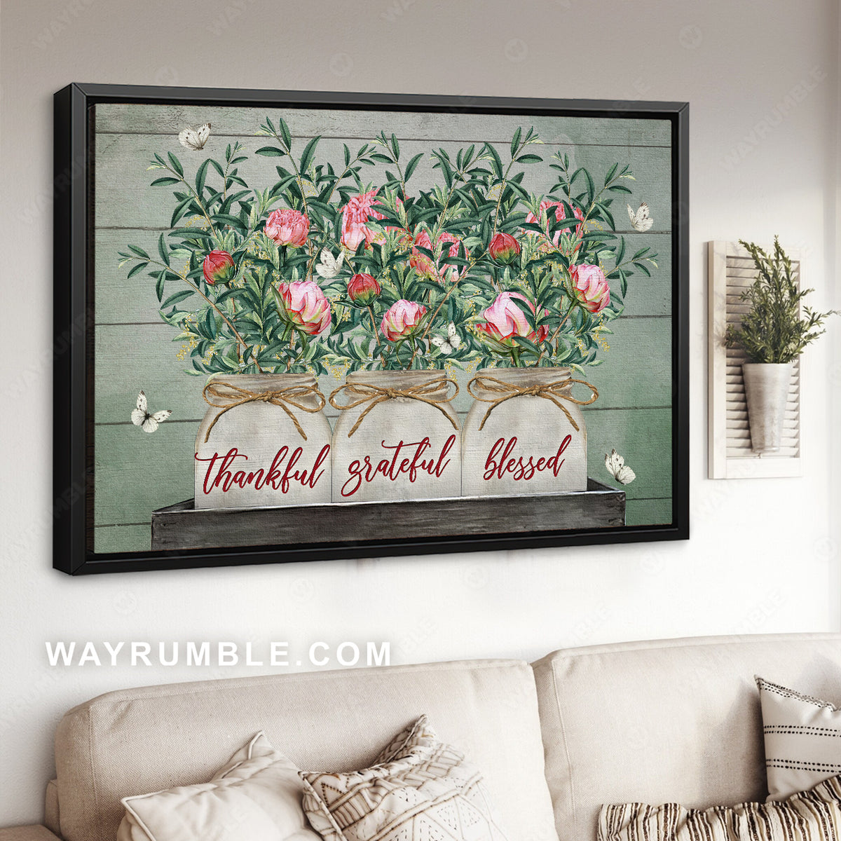 Peony, Peonies flowers, Glass jars, Thankful grateful blessed - Jesus Landscape Canvas Prints, Christian Wall Art