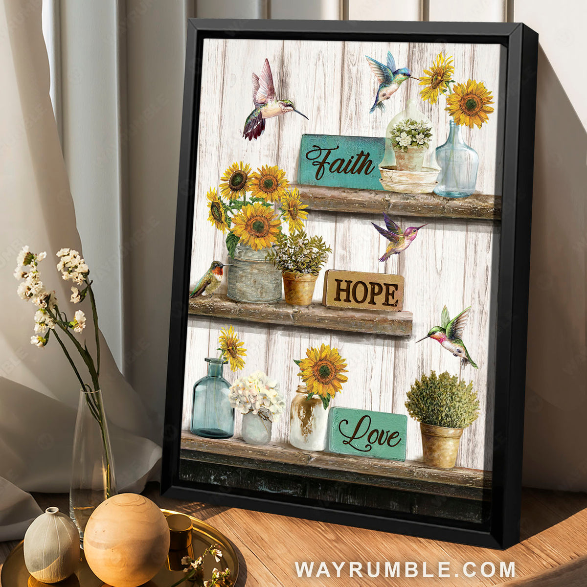 Plant vase, Sunflower mason jar, Hummingbirds, Faith hope love - Jesus Portrait Canvas Prints, Christian Wall Art
