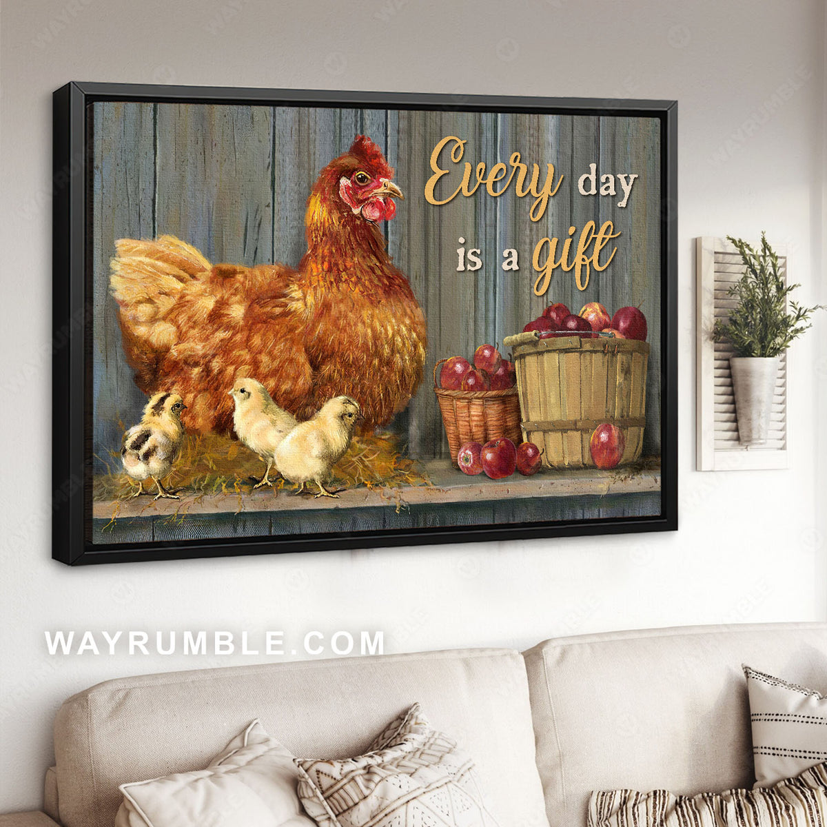 Hen mother, Fluffy chicks, Apple basket, Every day is a gift - Jesus Landscape Canvas Prints, Christian Wall Art