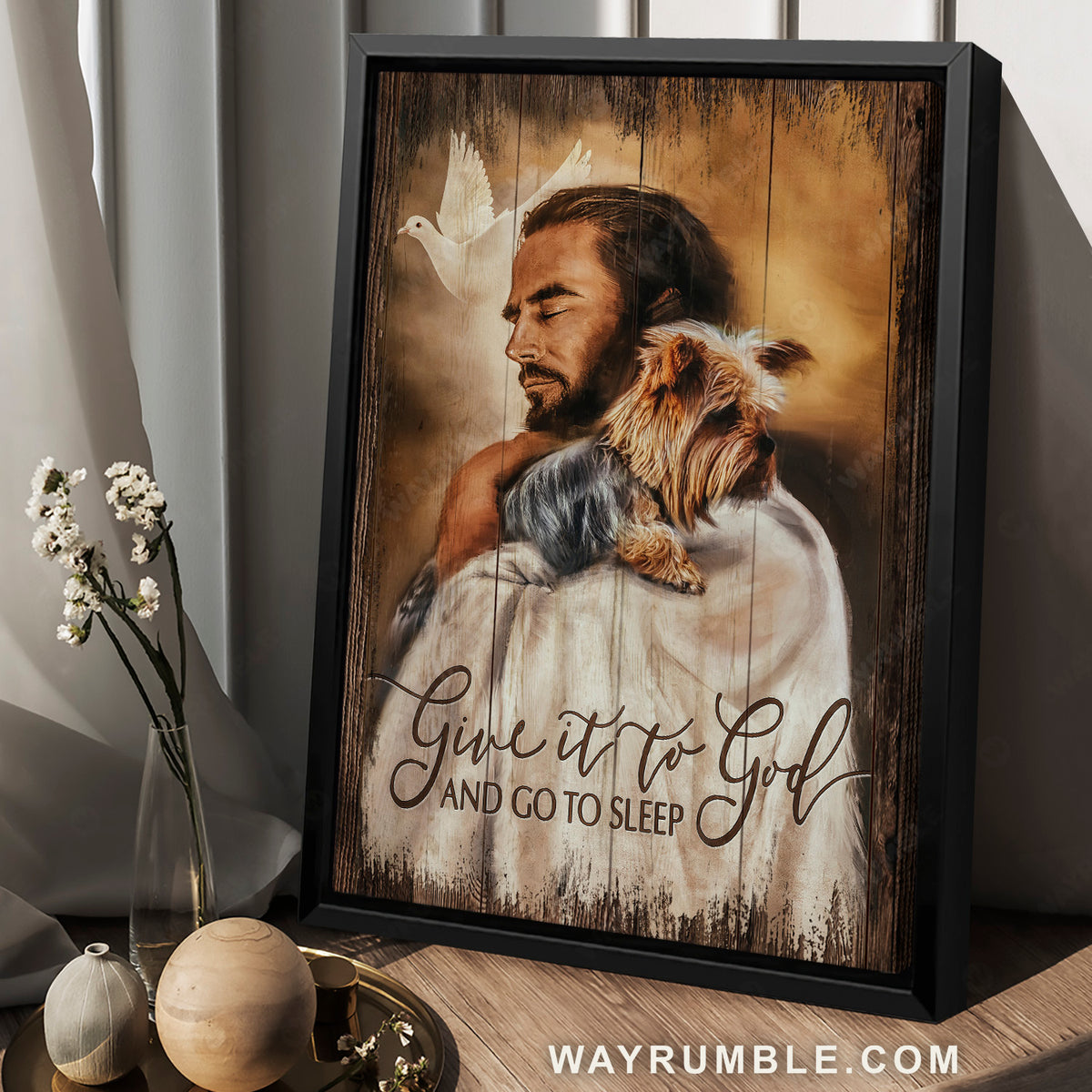 Jesus hug, Yorkshire terrier, Peace dove, Give it to God - Jesus Portrait Canvas Prints, Christian Wall Art