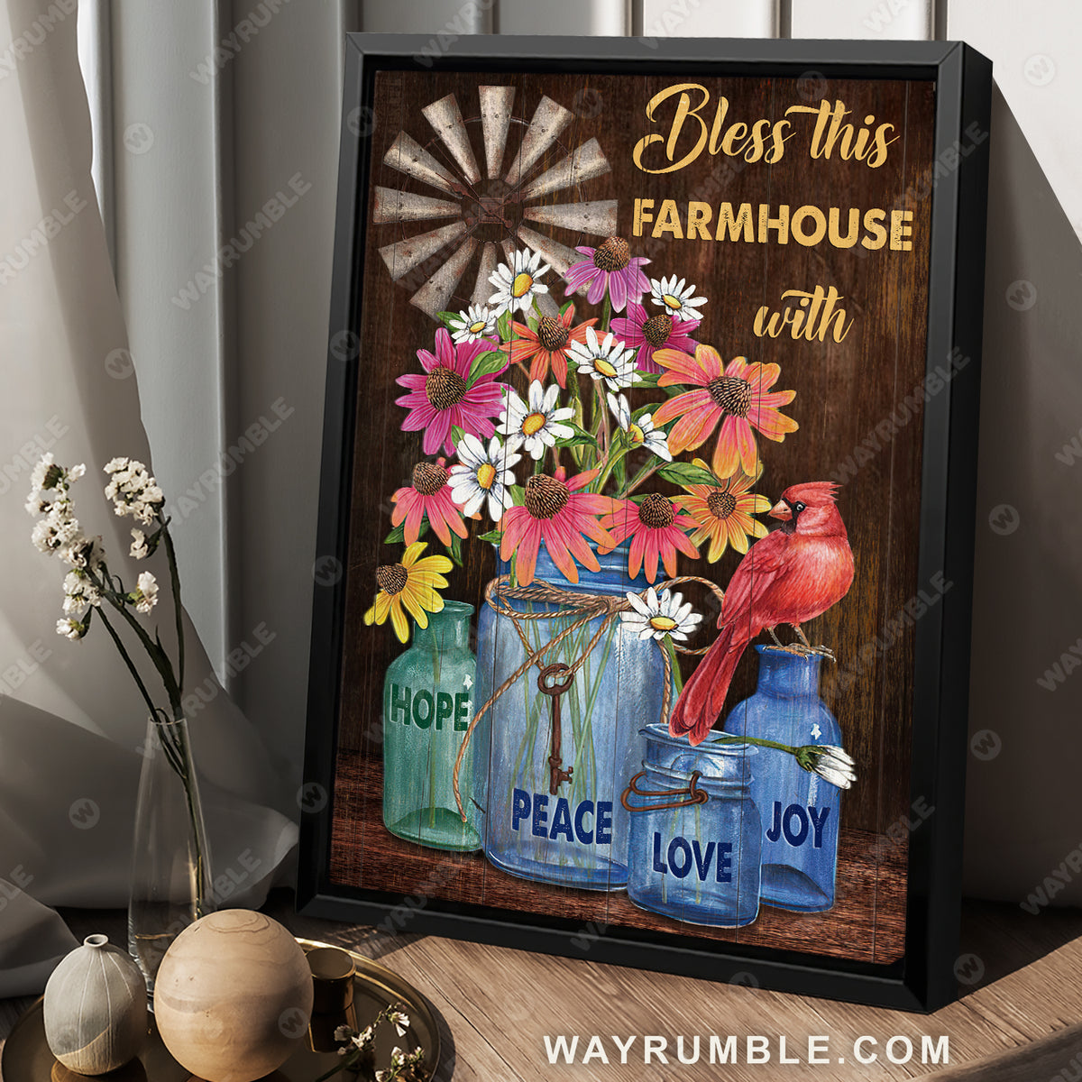 Cardinal, Flower Jars, Key, Bless This Farmhouse with Hope - Jesus Portrait Canvas Prints, Christian Wall Art