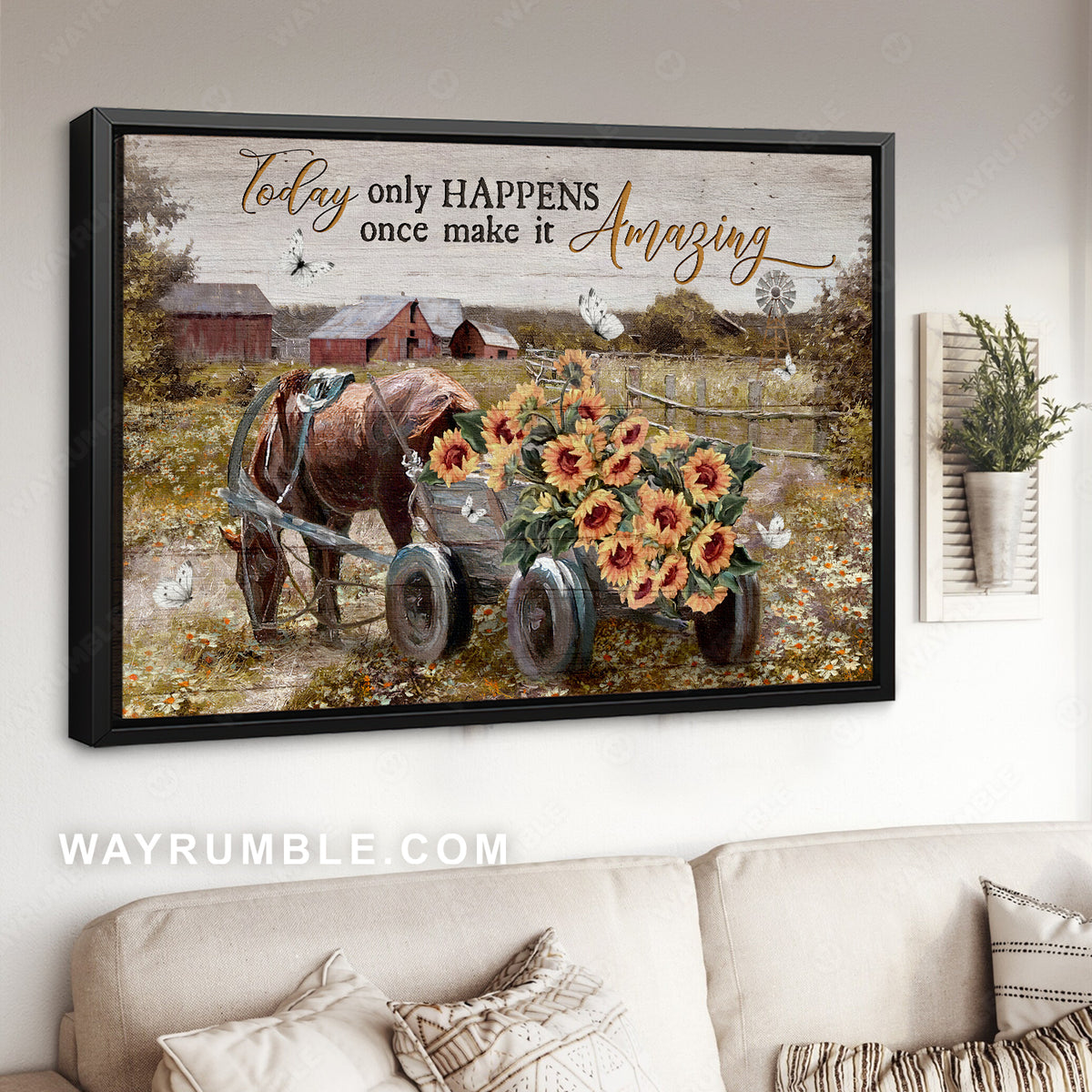 Horse cart, Sunflower painting, Farm life, Today only happens once - Jesus Landscape Canvas Prints, Christian Wall Art