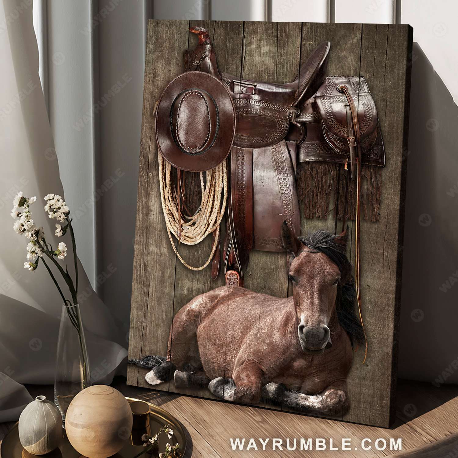 Horse painting, The amazing brown horse, Leather horse saddle, A Loyal friend - Horse Portrait Canvas Prints, Wall Art